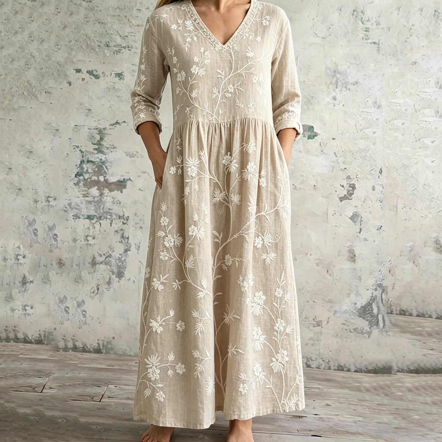 Cardydony Women's Vintage Floral Art Casual Linen Dress