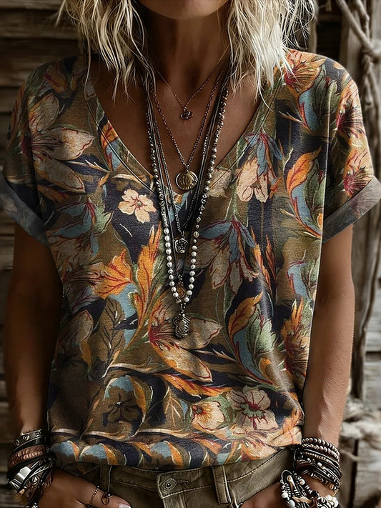 Cardydony Women's Retro Floral Print V-neck Short Sleeve T-shirt