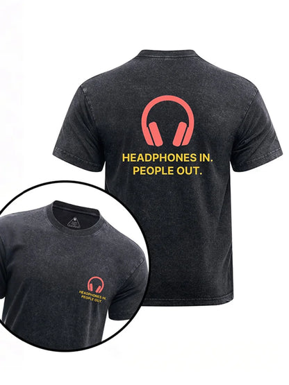 Cardydony Headphones In People Out Printed Washed Gym Shirt