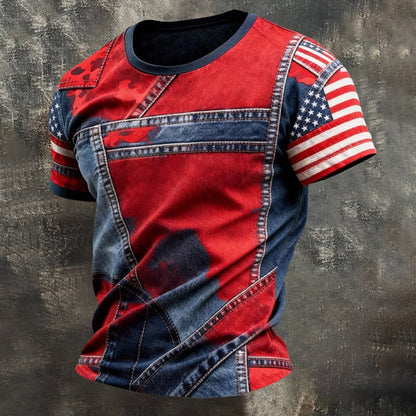 Cardydony Men's Retro Denim Patchwork Flag Color Short-sleeve T-shirt