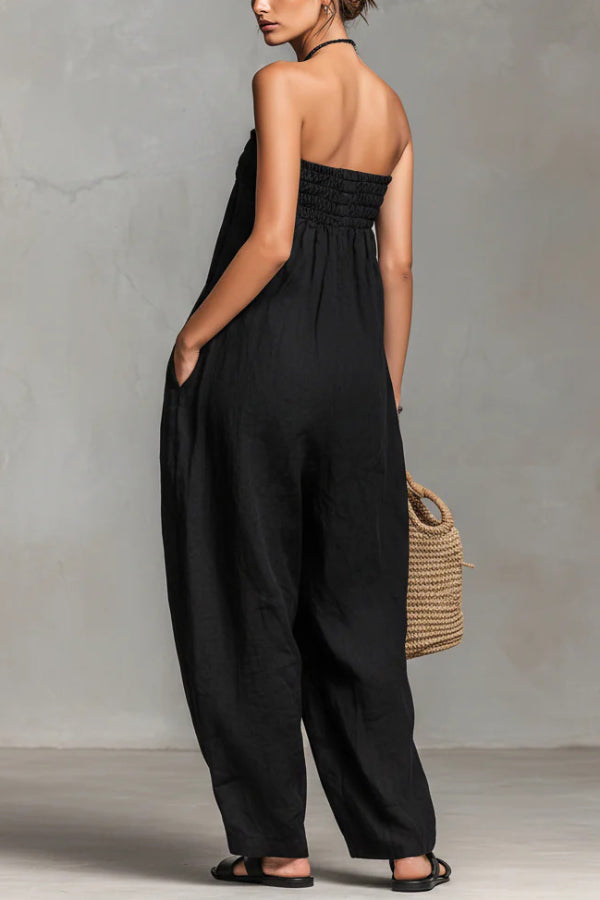Cardydony Women's Linen Blend Sleeveless Off-shoulder Pleated Drawstring Loose Pocket Jumpsuit