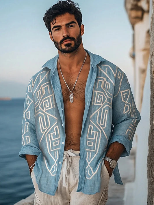 Cardydony Men's Vintage Greek Key Pattern Linen Blend Comfy Blouse