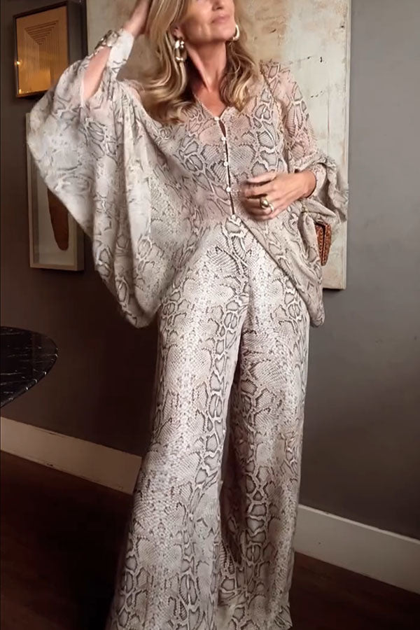Cardydony Women's Iselle Animal Print Button Up Batwing Sleeve Shirt and Elastic Waist Wide Leg Pants Set