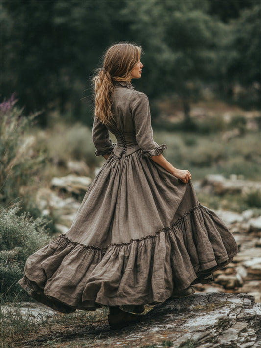 Cardydony Vintage Ruffle Hem & Ruffle Trim Linen Maxi Dress