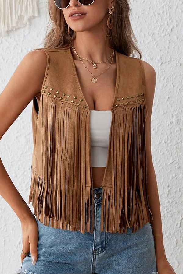 Cardydony Women's Stylish Suede V-neck Sleeveless Casual Studded Tassel Vest