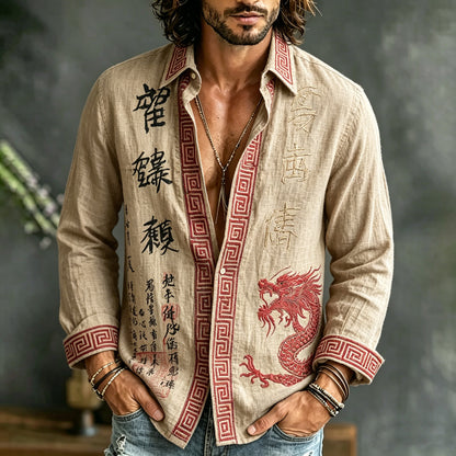 Cardydony Men's Retro Japanese Calligraphy And Dragon Art Pattern Casual Linen Blend Shirt