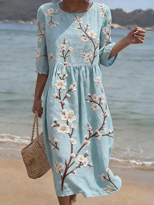 Cardydony Vintage Floral Cherry Blossoms Art Pattern Linen Blend Loose Three-quarter Sleeve Dress