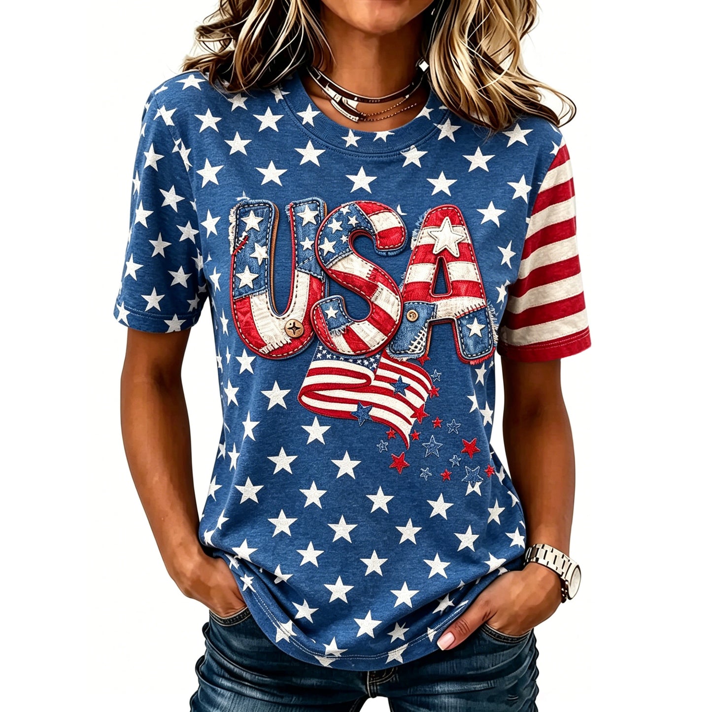 Cardydony Women's Retro Independence Day Flag Embroidered Patchwork Art T-shirt