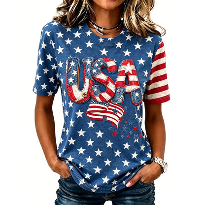 Cardydony Women's Retro Independence Day Flag Embroidered Patchwork Art T-shirt