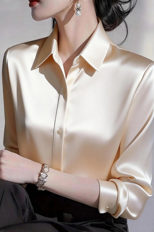 Cardydony Women's  Solid Color Satin Collared Long-sleeved Button-down Casual Shirt