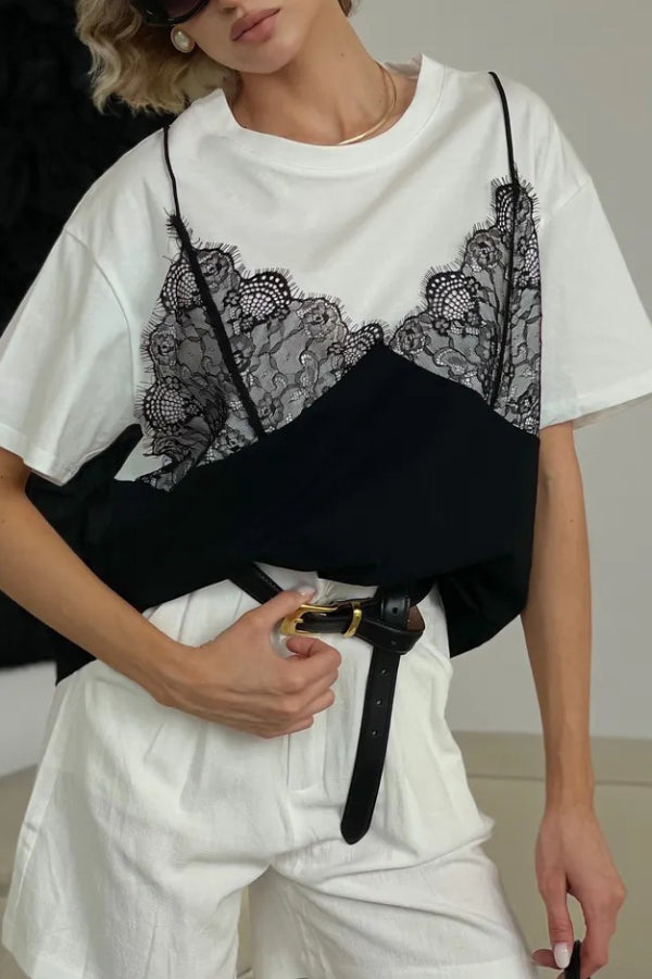 Cardydony Women's Fashionable Lace Patchwork Loose-fitting Round Neck Short-sleeved T-shirt