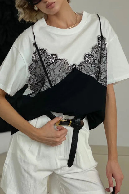 Cardydony Women's Fashionable Lace Patchwork Loose-fitting Round Neck Short-sleeved T-shirt