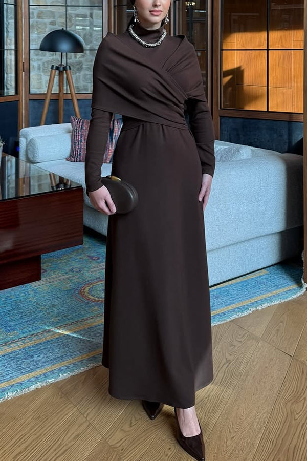Cardydony Women's Solid Color High-neck Long-sleeved Crossover Waist Slim-fit Maxi Dress