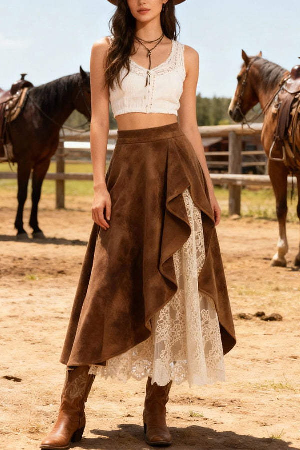 Cardydony Women's Stylish Suede and Lace Patchwork Elegant Asymmetrical Midi Skirt