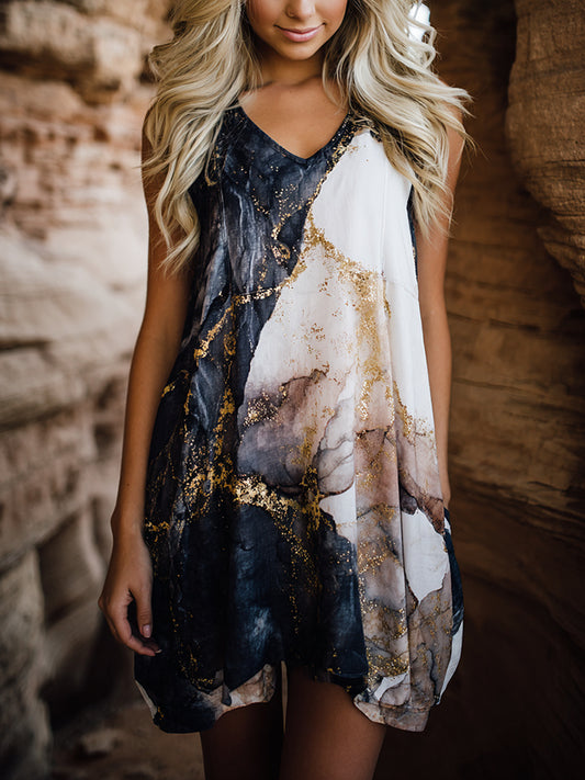 Cardydony Vintage Marble Pattern Art Pattern Linen Blend Vest Dress