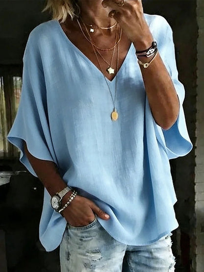 Cardydony Women's Solid Color V-neck Linen Blend Loose T-shirt