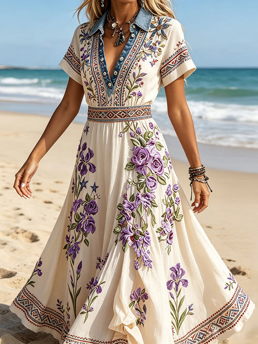 Cardydony Bohemian Purple Rose Embroidered Maxi V-neck Dress