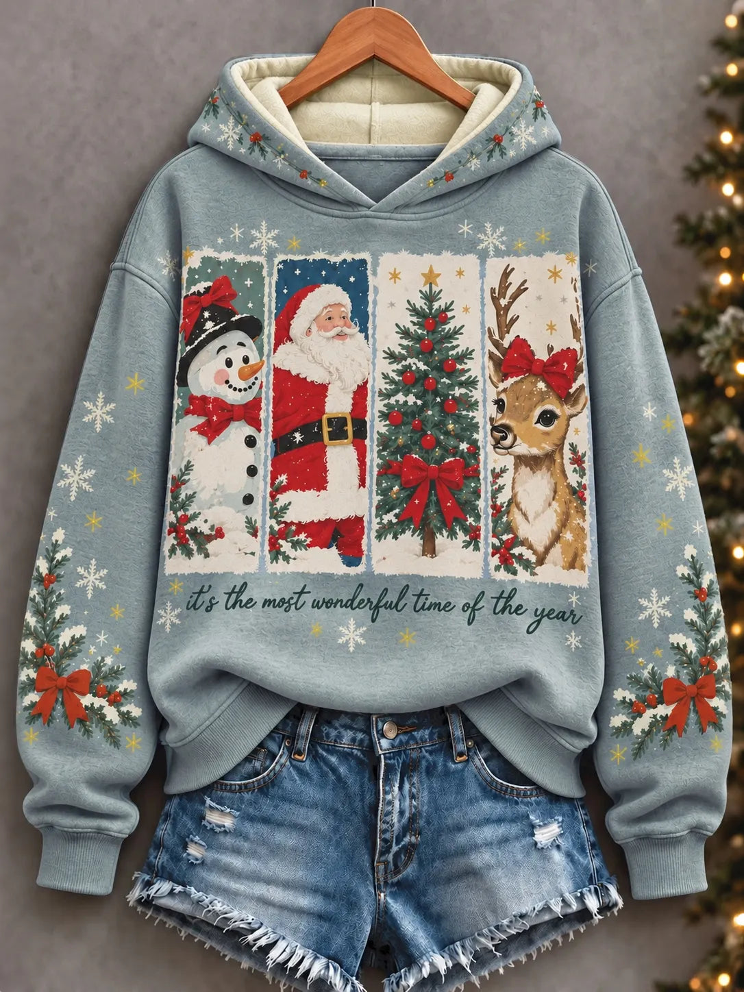 Cardydony Women's Cute Santa Snowman Reindeer Christmas Print Relaxed Fit Blue Pullover Hoodie