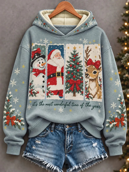 Cardydony Women's Cute Santa Snowman Reindeer Christmas Print Relaxed Fit Blue Pullover Hoodie