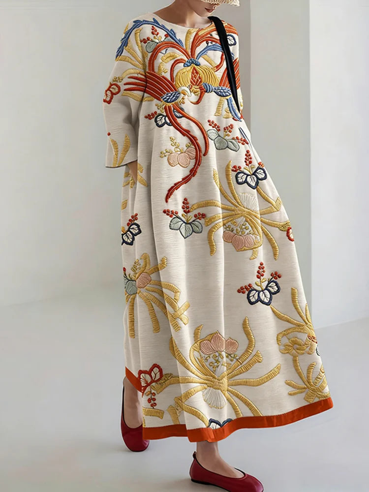 Cardydony Women's Vintage Japanese Floral Print Linen Blend Midi Dress