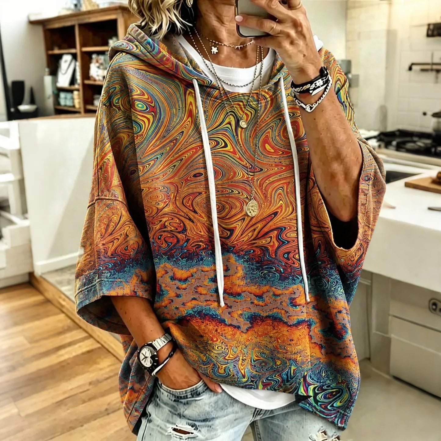 Cardydony Women's Vintage Abstract Gradient Print Hooded Sweatshirt