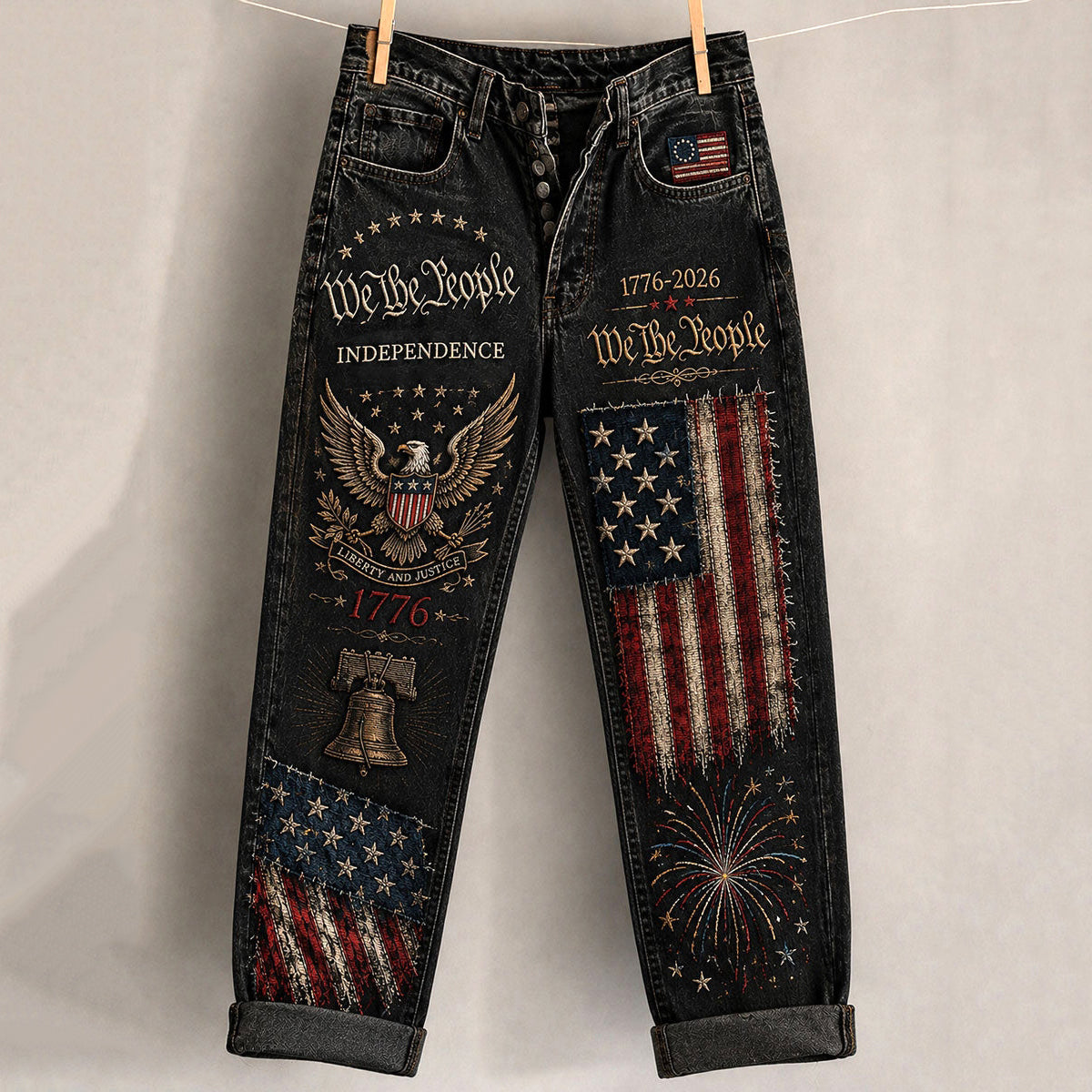 Cardydony Women's Independence Day Printed Casual Imitation Denim Pants