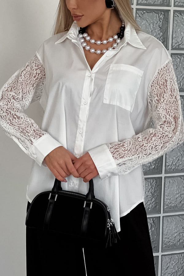 Cardydony Women's  Fashionable Openwork Lace Patchwork Long-sleeved Loose Shirt