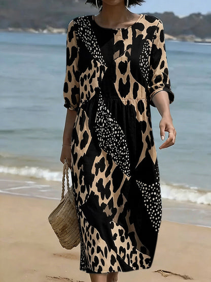 Cardydony Retro Leopard And Animal Patchwork Art Linen Blend Loose Three-quarter Sleeve Dress