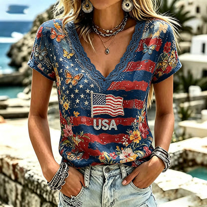 Cardydony Women's Independence Day Anniversary Flag Art Comfortable Cotton Linen V-neck Short Sleeve Top