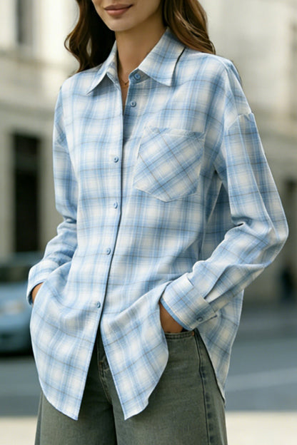 Cardydony Women's Plaid Print Loose Collar Long Sleeve Pockets Casual Shirt