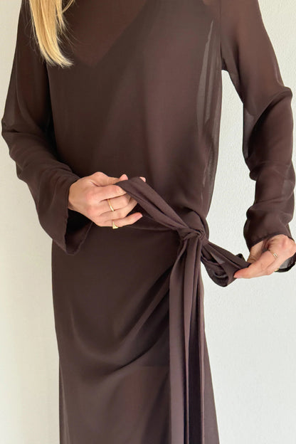 Cardydony Women's  Fashionable Mesh See-through Round Neck Long Sleeve Tie Bow Slit Maxi Dress