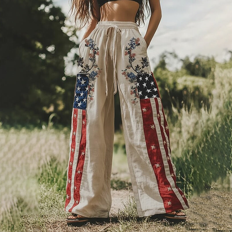 Cardydony Men's Boho Us Flag Patriotic America's 250th Anniversary With Flowers Loose Casual Pants