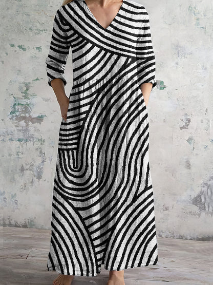 Cardydony Vintage Stripe Pattern Women's Linen Dress