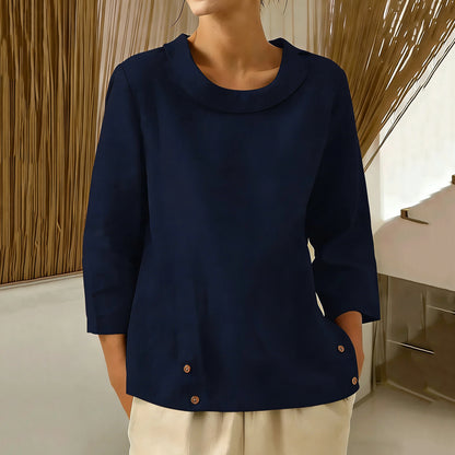 Cardydony Loose Cotton And Linen Solid Color Casual Navy Collar Shirt