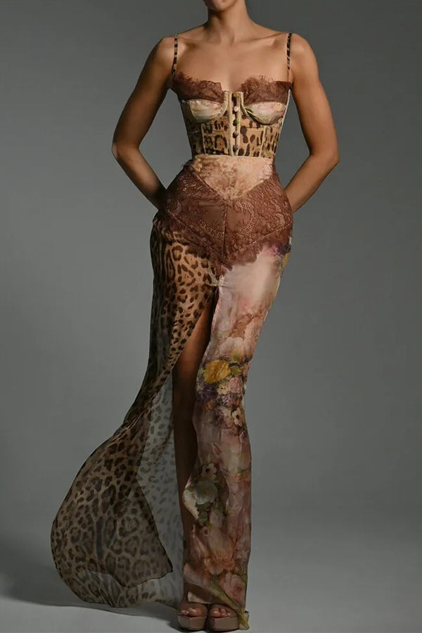 Cardydony Women's Chiffon Leopard Print Sexy Lace Splicing High Slit Slim Maxi Dress