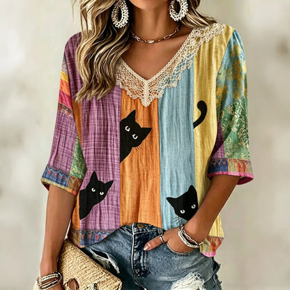 Cardydony Women's Vintage Hippie Cute Black Cat Art Print Embroidered Art Flowy Linen Blend Three Quarter Sleeves T-shirt