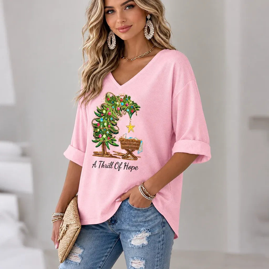 Cardydony Women's Festivel Christmas Tree A Thrill Of Hope Print Three-quarter Sleeve V Neck T-shirt