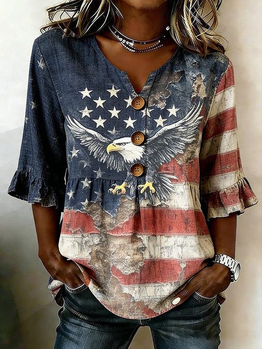 Cardydony Women's Vintage Independence Day Eagle Print Casual Shirt