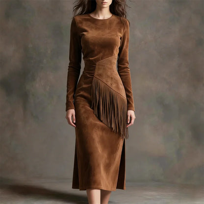 Cardydony Women's Vintage Fringe Suede Dress