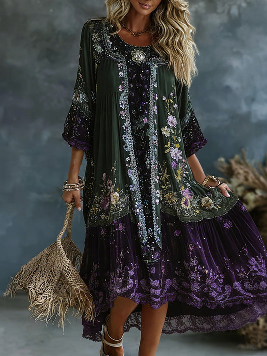 Cardydony Vintage Gradient Purple Lavender And Floral Art Linen Blend Loose Three-quarter Sleeve Dress
