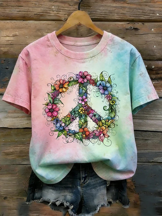 Cardydony Retro Color Plant Flower And Peace Sign Pattern Printed Short-sleeve T-shirt