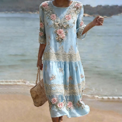 Cardydony Women's Vintage Pink Flower Embroidery Art Midi Dress