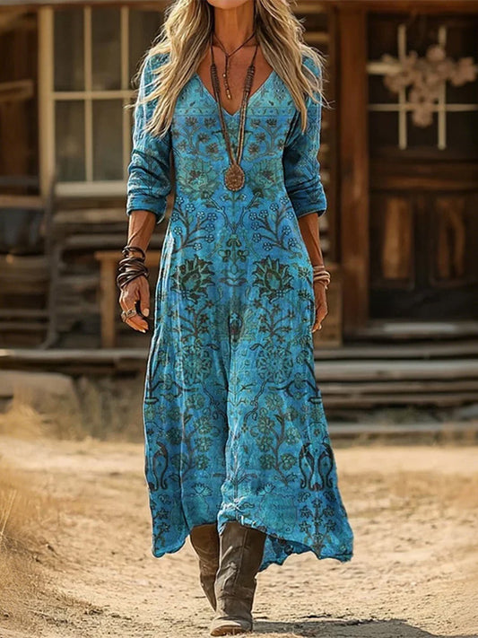 Cardydony Women Floral V Neck Printing Vintage Spring/fall Daily Maxi H-line Dress