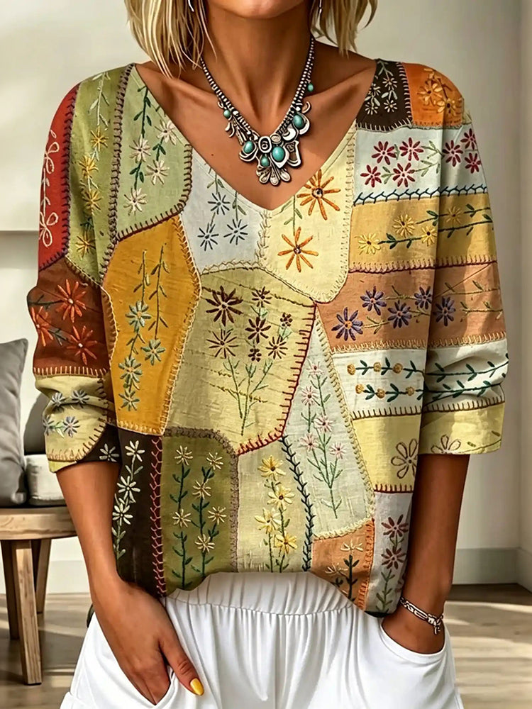 Cardydony Women's Vintage Floral Patchwork Art Print Flowy Linen Blend Three-quarter Sleeve V Neck Linen Tops