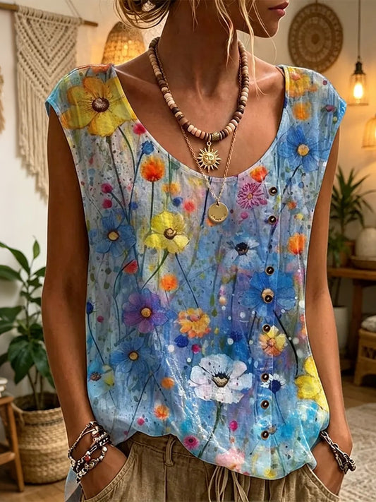 Cardydony Women's Ethnicity Bohemia Flowers Tie Dye Art Print Cotton Blend Tank Top
