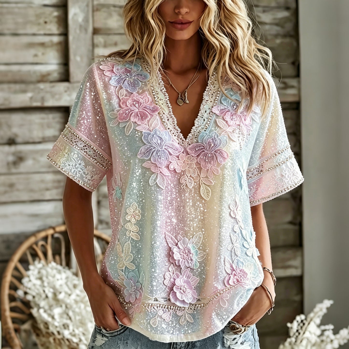 Cardydony Women's Summer Floral In Macarons Colorful Art Linen Blend Short Sleeve V Neck Tops