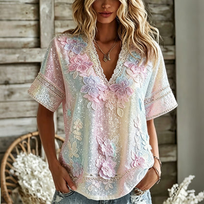 Cardydony Women's Summer Floral In Macarons Colorful Art Linen Blend Short Sleeve V Neck Tops