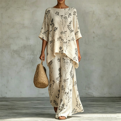Cardydony Classy Forest Floral Flowy Linen Tunic & Wide Leg Pants Set