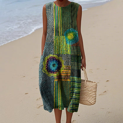 Cardydony Vintage Patchwork Art Pattern Linen Blend Tank Dress