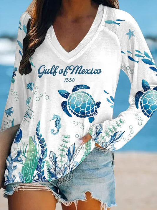 Cardydony Women's Gulf Of Mexico Printed V-neck T-shirt